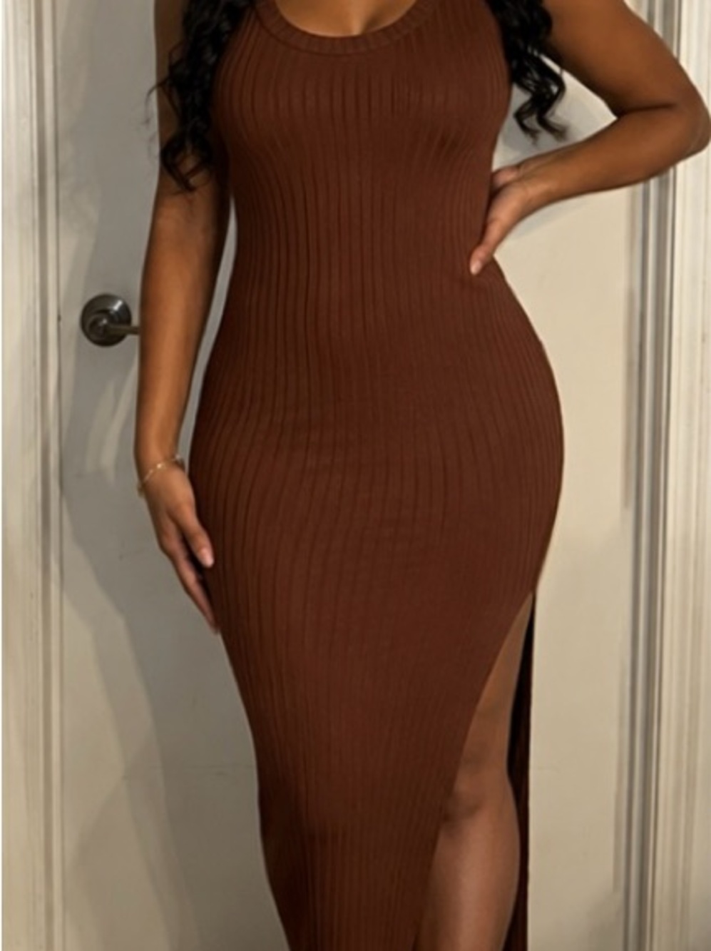Absolutely Sleeveless Ribbed Brown Maxi Dress with Side Slit